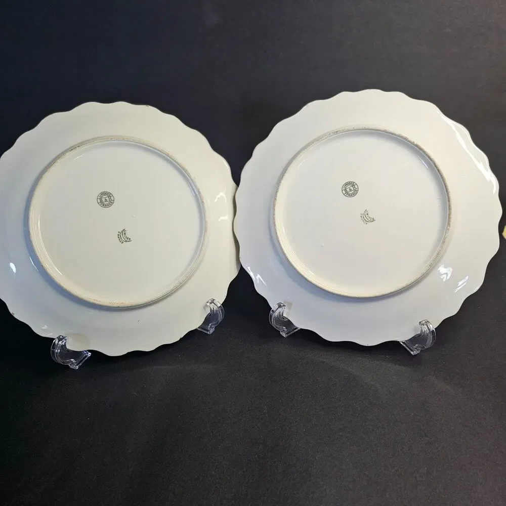 B&H Limoges France Set 2 Dinner Plates w Pink/White Flowers & Brushed Gold Edge